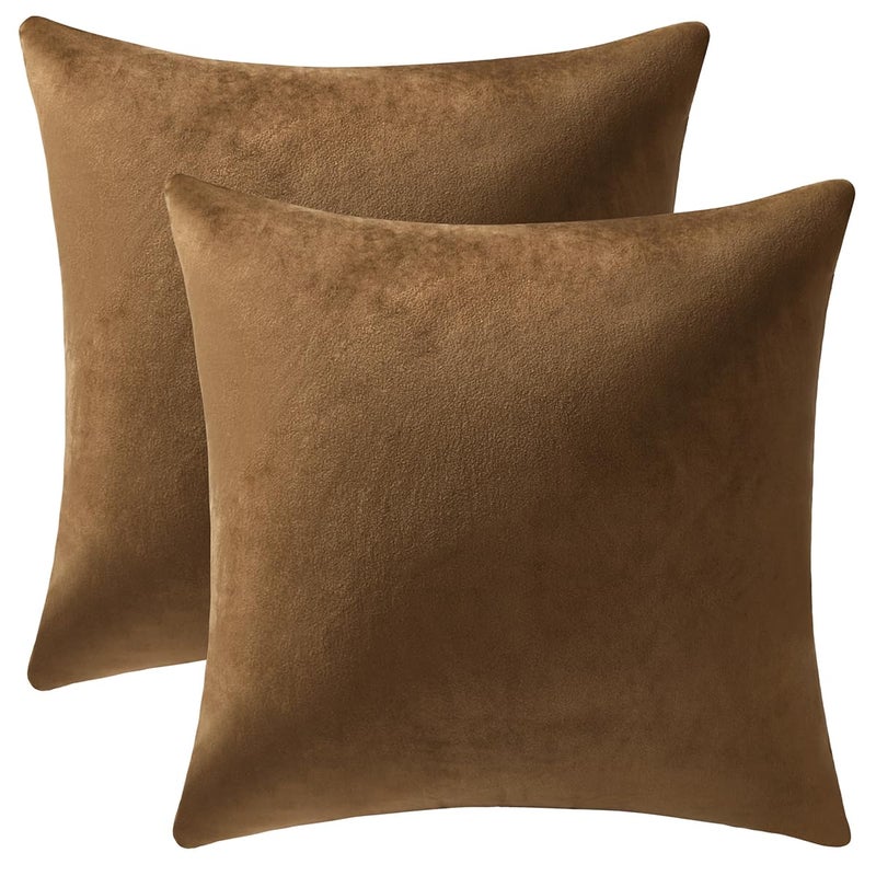 DEZENE Throw Pillow Cases 18x18 Golden Brown 2 Pack Cozy Soft Velvet Square Decorative Pillow Covers for Farmhouse Home Decor