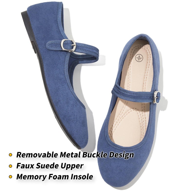 BABUDOG Womens Mary Jane Flats with Strap,Faux Suede Black Flats Shoes,Flats Shoes Women Dressy Comfortable(Blue 11) - Image 4