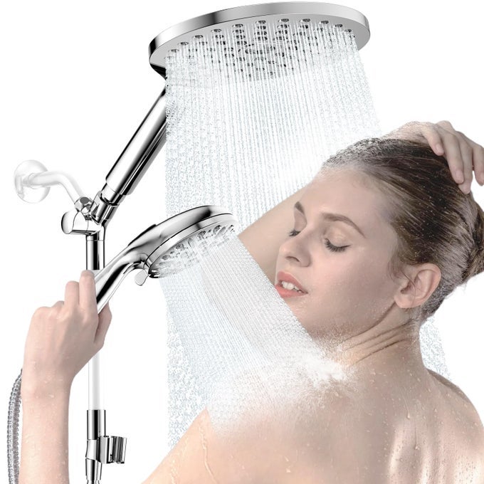 DUAL SHOWER HEADS WITH HANDHELD SPRAY COMBO HIGH PRESSURE MODERN RAIN SHOWER HEAD WITH 9MODE HANDHELD SHOWERHEAD DOUBLE RAINFALL SHOWER HEAD WITH 79INCH STAINLESS STEEL HOSE CHROME