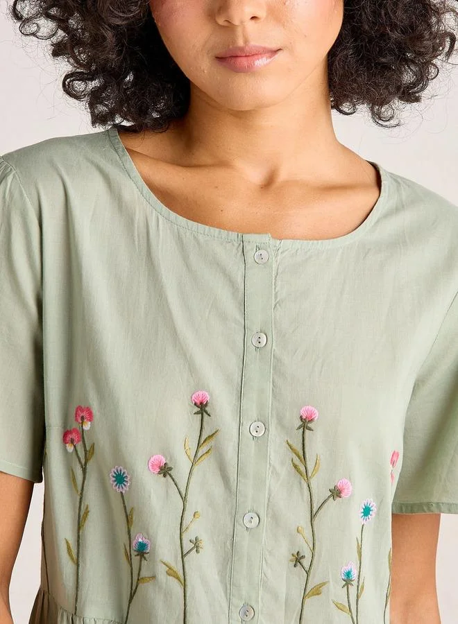Splash FAV  Night Dress Short Sleeves with Floral Embroidery Cotton for Women | Best Price UAE