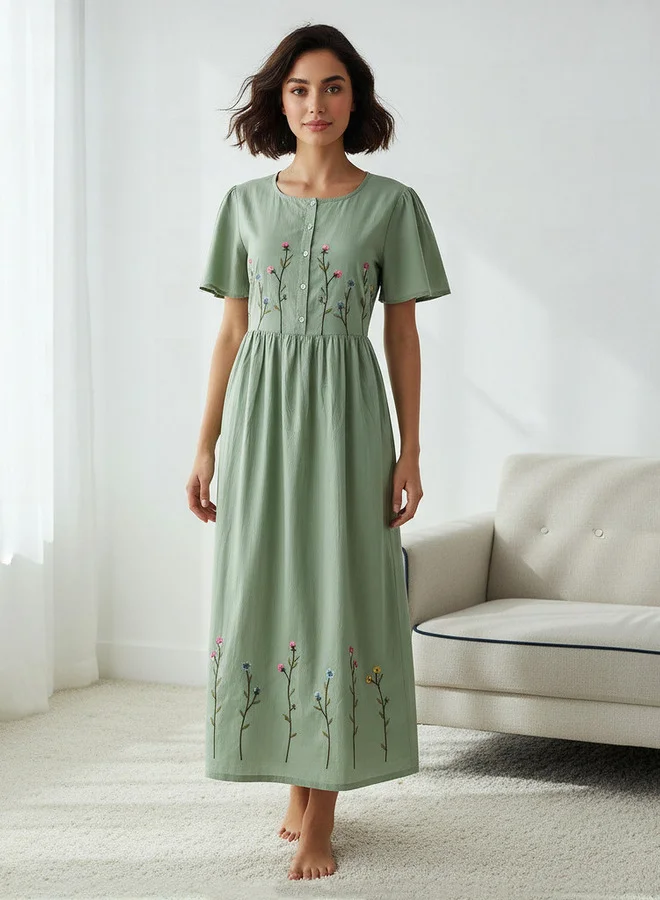 سبلاش فيڤ Night Dress Short Sleeves with Floral Embroidery Cotton