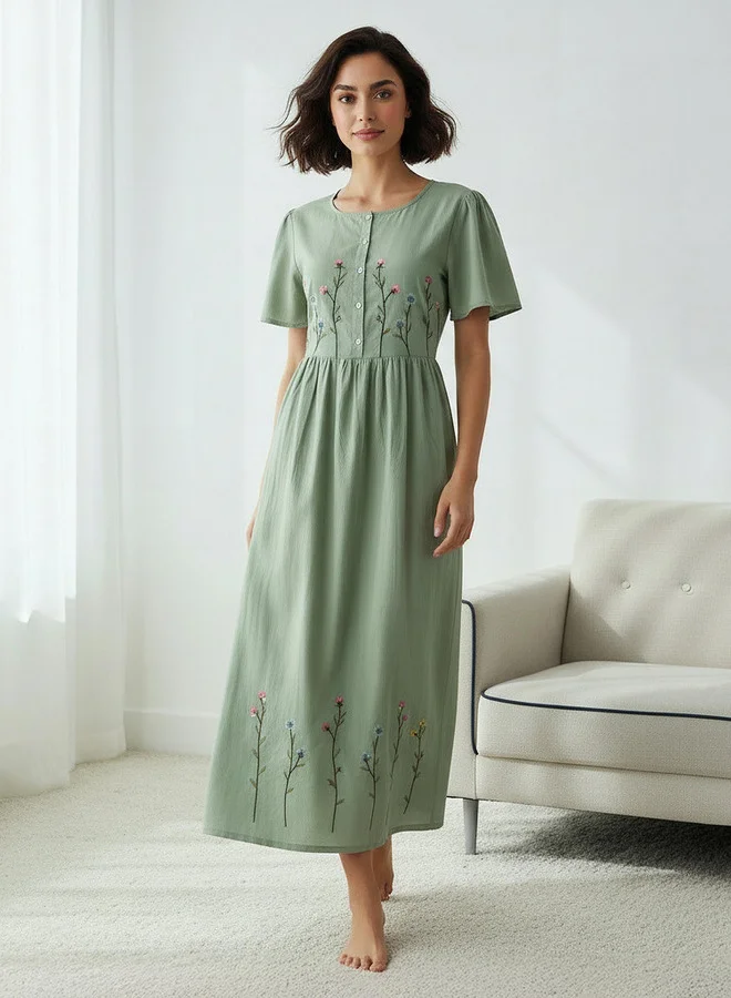 سبلاش فيڤ Night Dress Short Sleeves with Floral Embroidery Cotton