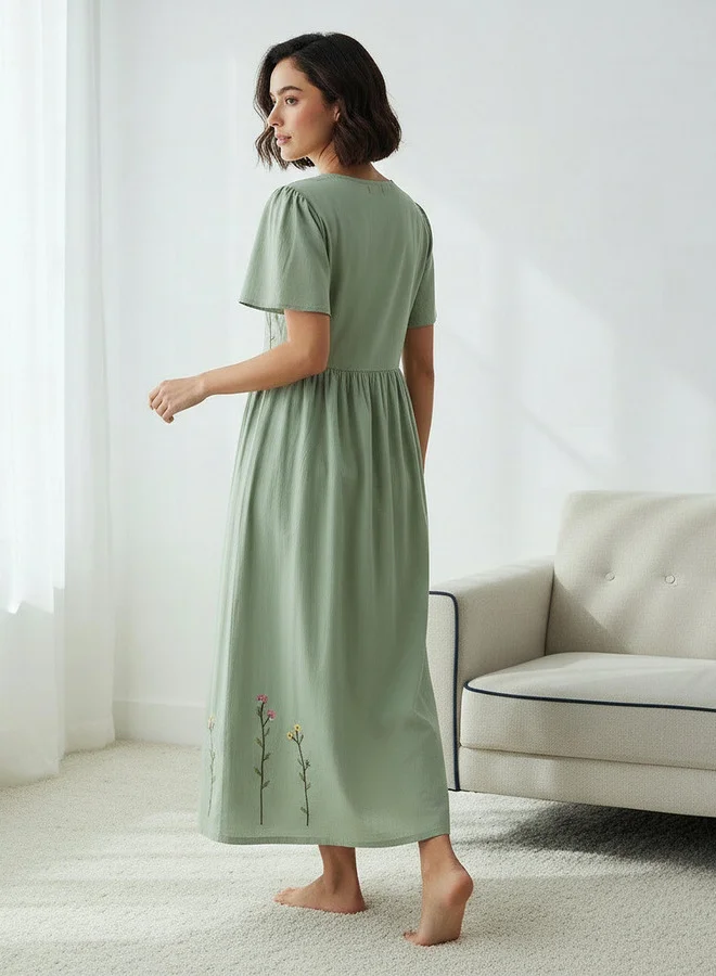 Splash FAV  Night Dress Short Sleeves with Floral Embroidery Cotton for Women | Best Price UAE