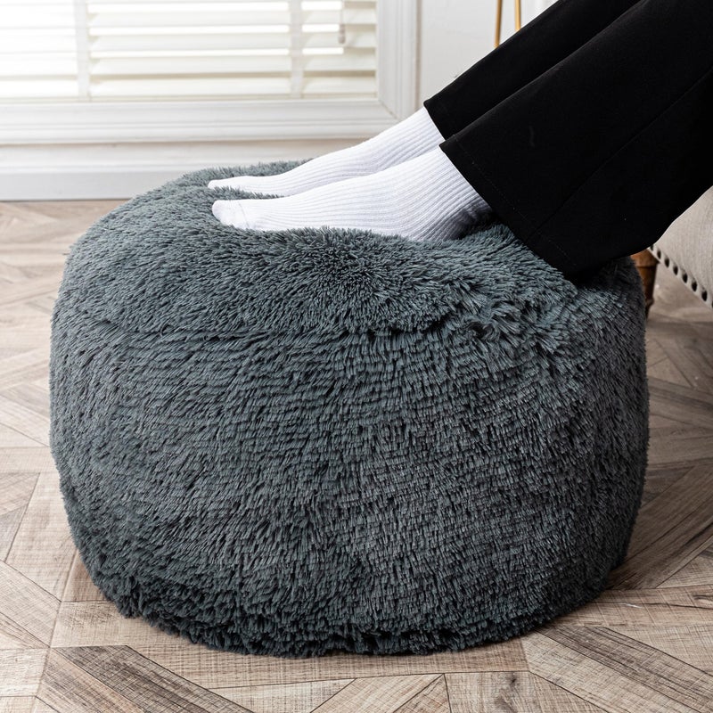 Fur Ottoman Stool Unstuffed Footstool Cover Floor Pouf NO Filler Foot Rest 20x12 In Round Poof Seat Bean Bag Chair Foldable Storage for Living Room Bedroom Cover ONLY Dark Gray