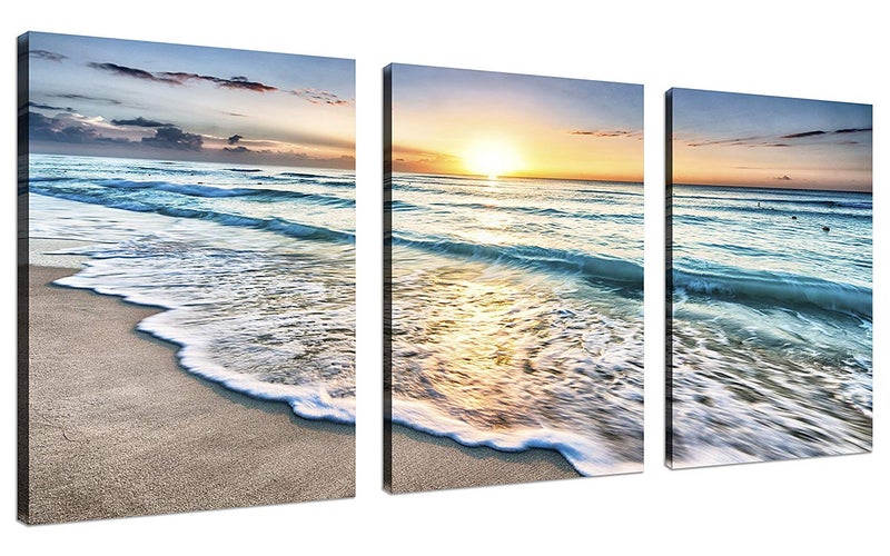 TutuBeer 3 Panel Beach Canvas Wall Art for Home Decor Blue Sea Sunset White Beach Painting the Picture Print on Canvas Seascape the Pictures for Home Decor Decoration,Ready to Hang - Image 1