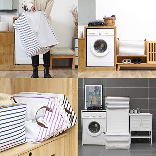 Hinwo 4-Pack Extra Large Canvas Fabric Storage Baskets with Handles, 70L Oversized Storage Bins, Collapsible Storage Box, Clothes, Toys, Blankets Organizers, 22 x 15 x 13 inches, (Grey Stripe) - Image 3