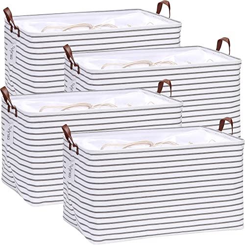 Hinwo 4-Pack Extra Large Canvas Fabric Storage Baskets with Handles, 70L Oversized Storage Bins, Collapsible Storage Box, Clothes, Toys, Blankets Organizers, 22 x 15 x 13 inches, (Grey Stripe) - Image 1