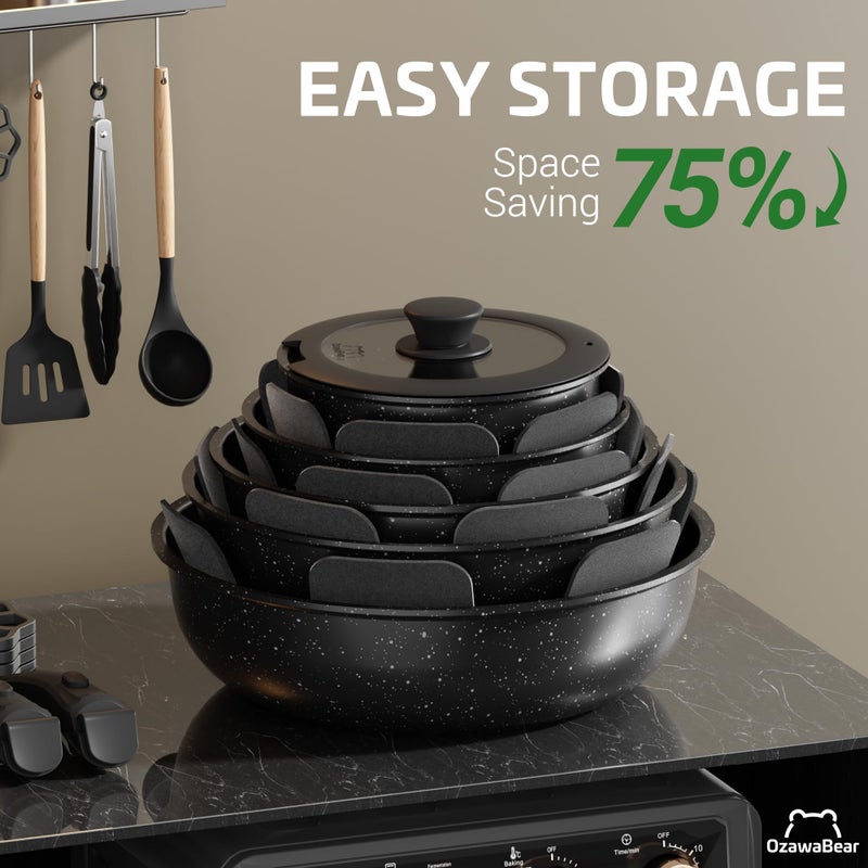 OzawaBear 23 Pcs Pots and Pans Set Non Stick, Ceramic Cookware Set Non Toxic with Detachable Handles, Healthy Induction Cookware Oven Safe RV Kitchen Set, PFAS PFOA & PTFE Free, Black - Image 4
