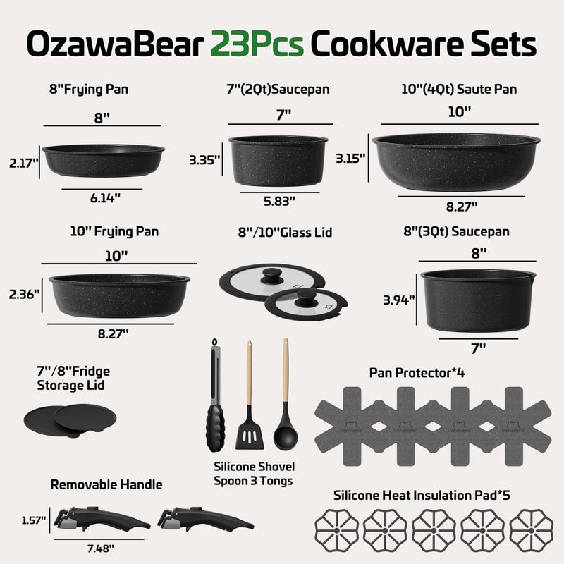 OzawaBear 23 Pcs Pots and Pans Set Non Stick, Ceramic Cookware Set Non Toxic with Detachable Handles, Healthy Induction Cookware Oven Safe RV Kitchen Set, PFAS PFOA & PTFE Free, Black - Image 2