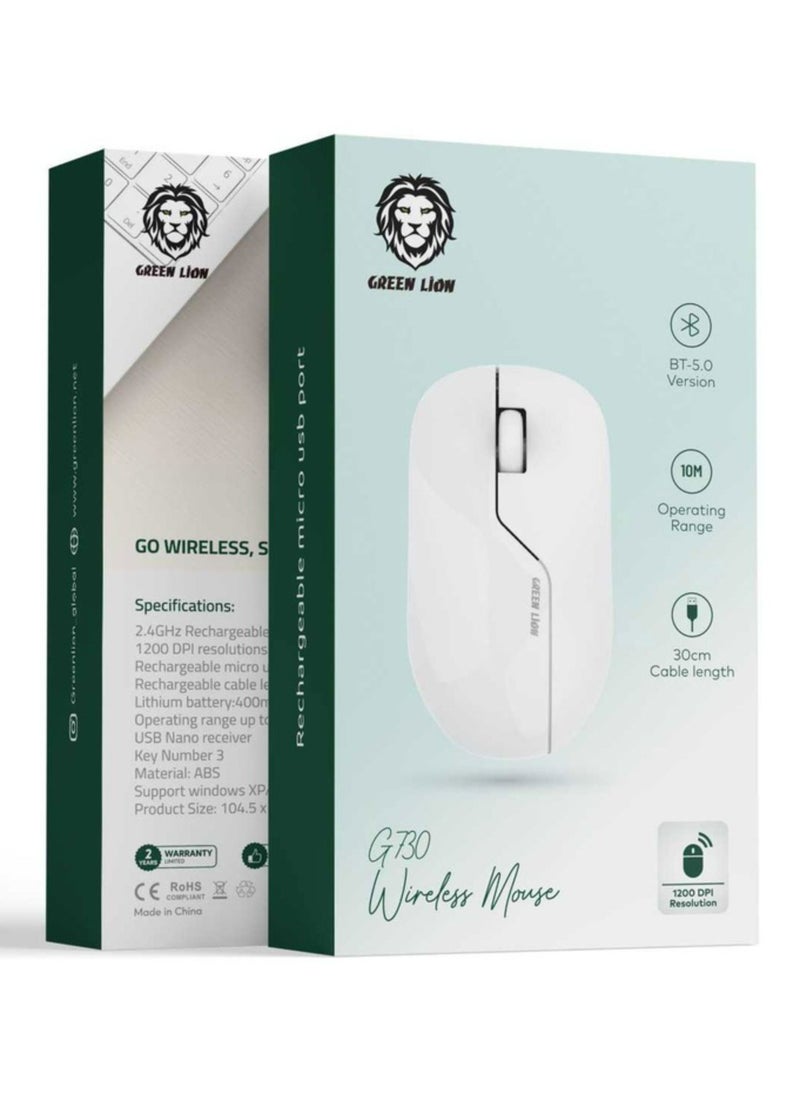 GREEN LION G730 Wireless Mouse, ABS Material, 400mAh Battery Capacity, 3 Key Number, 1200 DPI Resolution, Compatible with Windows XP, Vista, 7, 8, 10, Mac, 30 cm Rechargeable Cable Length - White  - Image 3