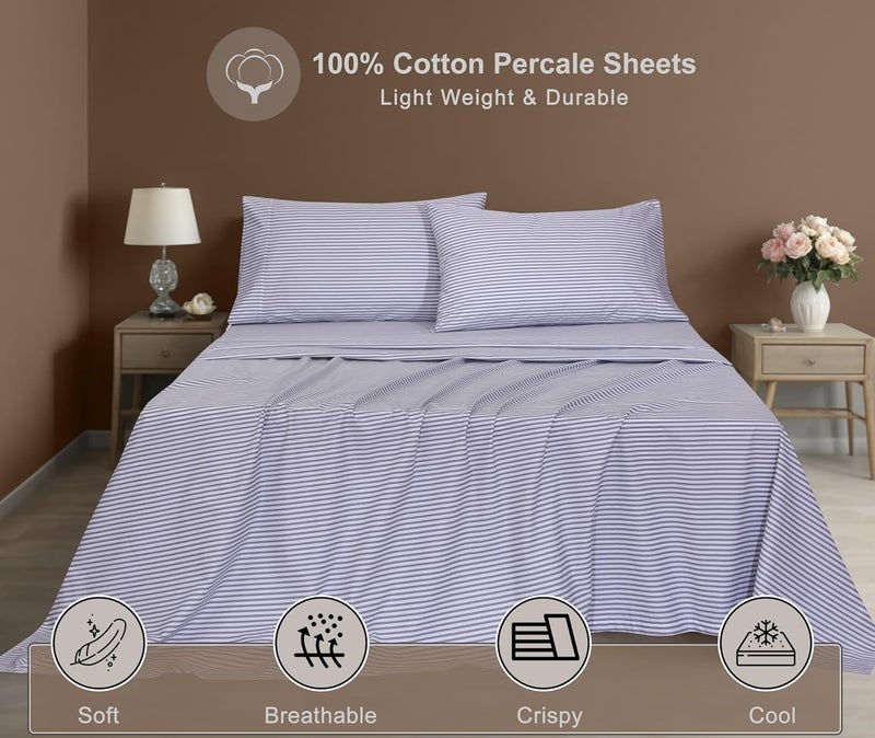 ZOYER 100% Cotton Sheets - Cooling & Crisp Twin Size Percale Sheets Sets, 16" Deep Pockets Bed Set, Lightweight & Breathable, Durable, 3 Pieces, Grey Stripe - Image 3
