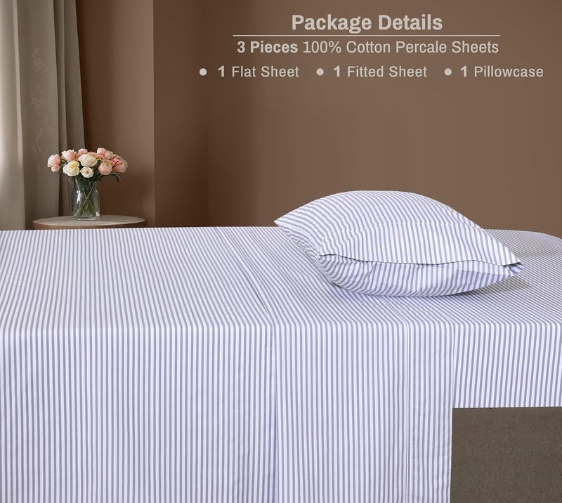 ZOYER 100% Cotton Sheets - Cooling & Crisp Twin Size Percale Sheets Sets, 16" Deep Pockets Bed Set, Lightweight & Breathable, Durable, 3 Pieces, Grey Stripe - Image 5