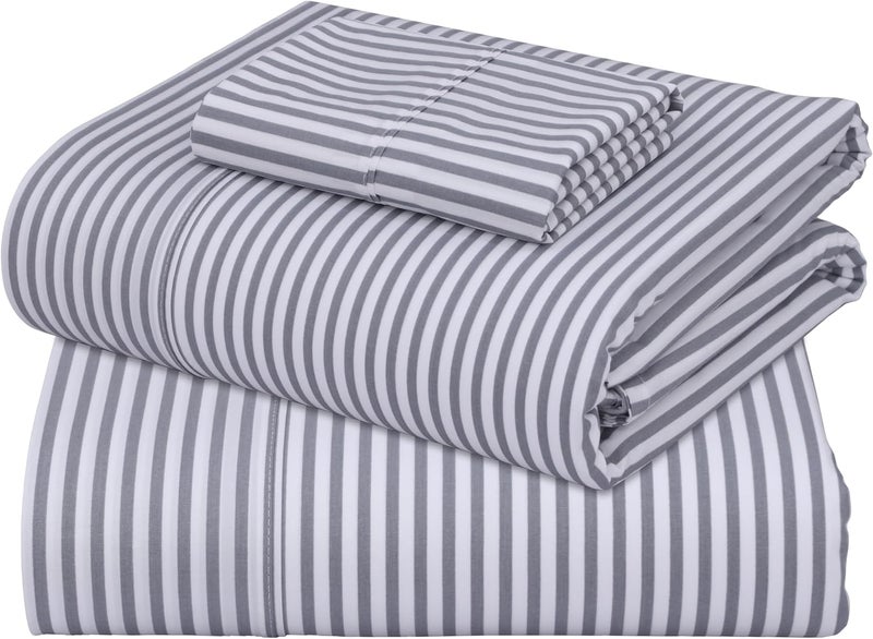 ZOYER 100% Cotton Sheets - Cooling & Crisp Twin Size Percale Sheets Sets, 16" Deep Pockets Bed Set, Lightweight & Breathable, Durable, 3 Pieces, Grey Stripe - Image 1