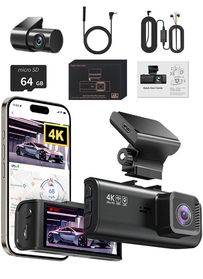 Generic 4K Dual Dash Cam with 64GB Card, WiFi GPS, 4K Front & 1080P Rear, 170° Wide Angle Dash Camera for Cars, 3.18" Screen, Parking Monitor  - Image 1