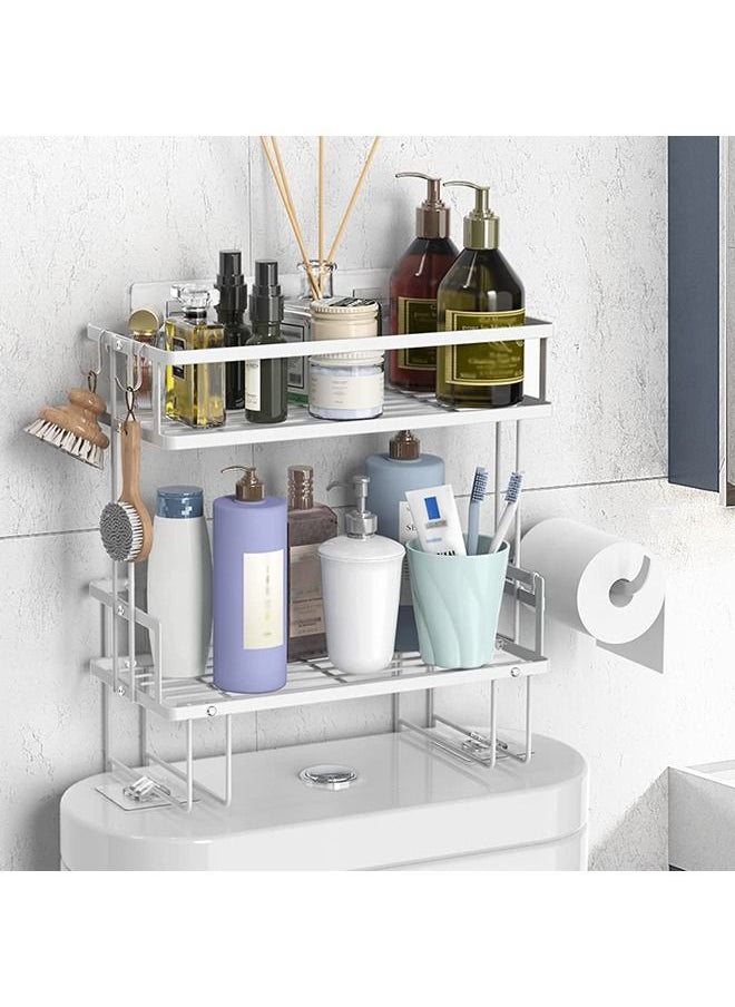 XiuWoo - Over The Toilet Storage 2-Tier Bathroom Organizer Shelf with Paper Holder and Hanging Hooks No Drilling Toilet Shelf Space Saver with Wall Mounting Design Easy to Assemble (White) - Image 1