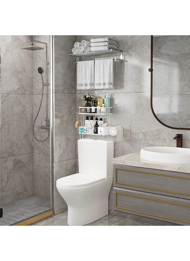 XiuWoo - Over The Toilet Storage 2-Tier Bathroom Organizer Shelf with Paper Holder and Hanging Hooks No Drilling Toilet Shelf Space Saver with Wall Mounting Design Easy to Assemble (White) - Image 1