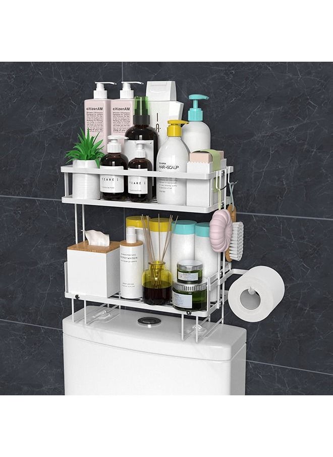 XiuWoo - Over The Toilet Storage 2-Tier Bathroom Organizer Shelf with Paper Holder and Hanging Hooks No Drilling Toilet Shelf Space Saver with Wall Mounting Design Easy to Assemble (White) - Image 1