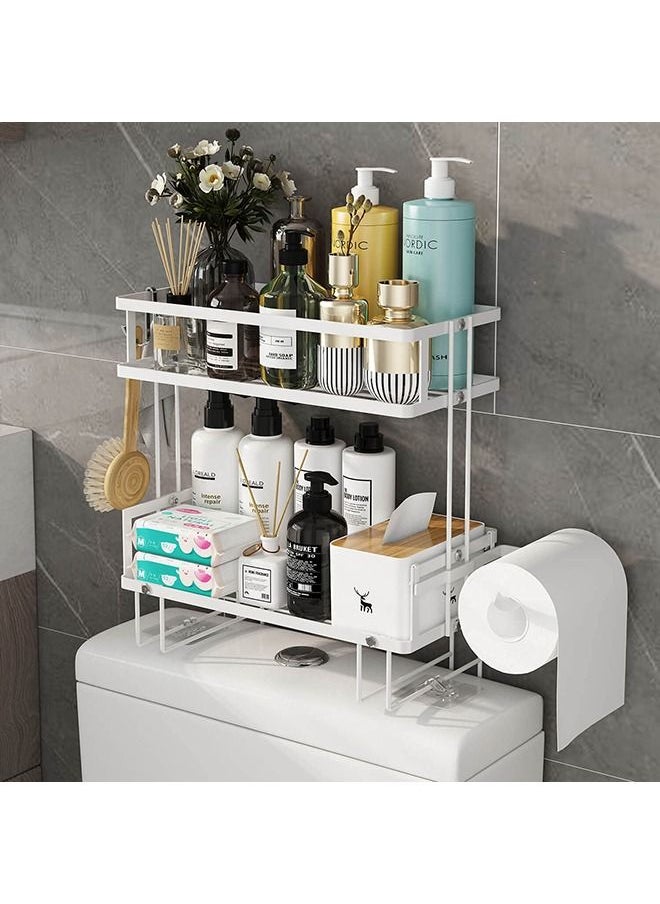 XiuWoo - Over The Toilet Storage 2-Tier Bathroom Organizer Shelf with Paper Holder and Hanging Hooks No Drilling Toilet Shelf Space Saver with Wall Mounting Design Easy to Assemble (White) - Image 1