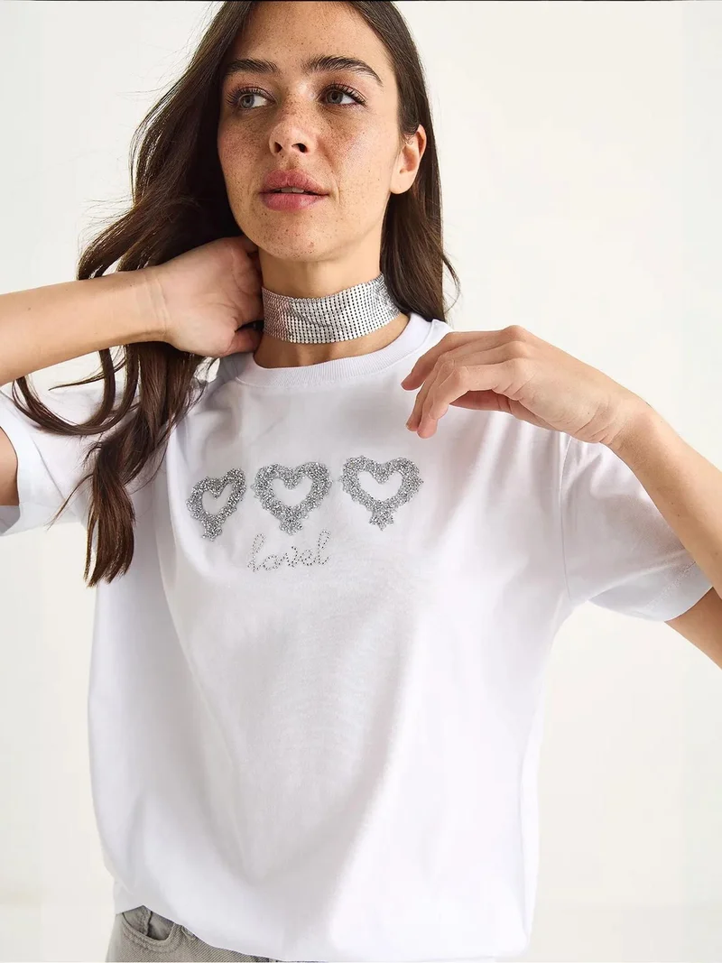 Bianco Lucci White LUCCI Embroidered Crew Neck T-Shirt for Women | Best Price UAE