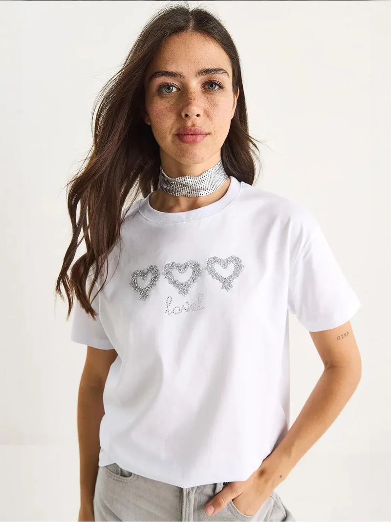 Bianco Lucci White LUCCI Embroidered Crew Neck T-Shirt for Women | Best Price UAE
