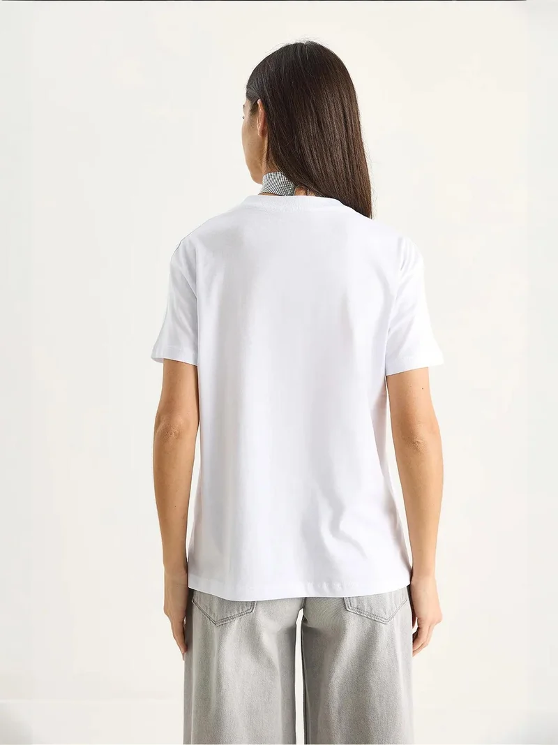 Bianco Lucci White LUCCI Embroidered Crew Neck T-Shirt for Women | Best Price UAE