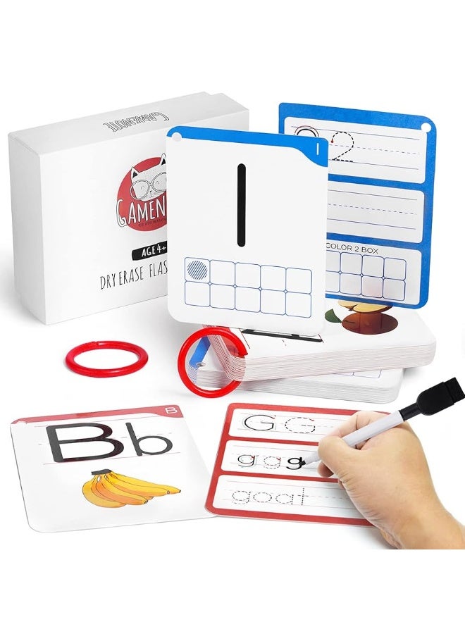 Gamenote Dry Erase Alphabet and Number Flash Cards - Write and Wipe Laminated ABC Letter Tracing Practice Card for Kindergarten (47 Flashcards with 2 Rings and Marker) - Image 1