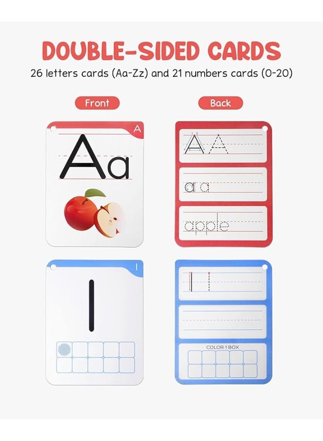 Gamenote Dry Erase Alphabet and Number Flash Cards - Write and Wipe Laminated ABC Letter Tracing Practice Card for Kindergarten (47 Flashcards with 2 Rings and Marker) - Image 2