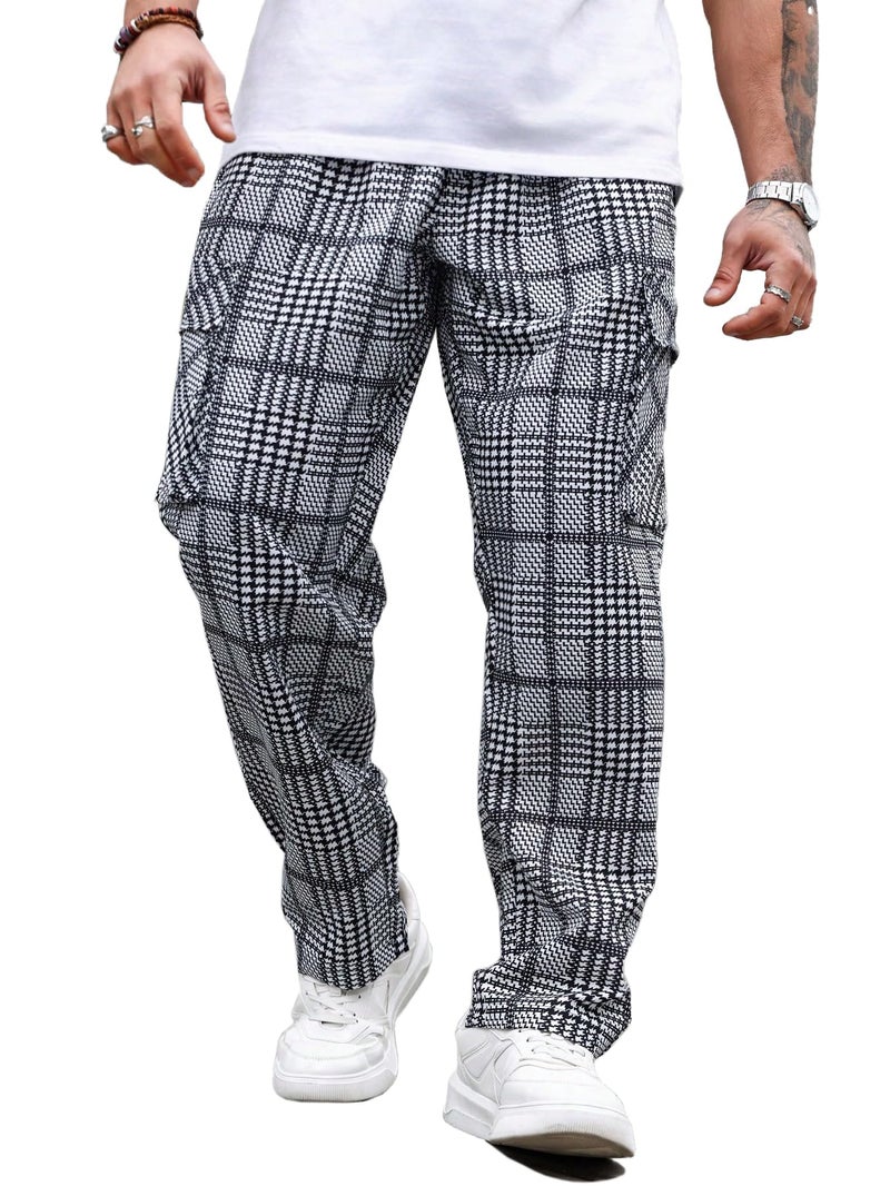 TAGDO Men's Plaid Cargo Pocket Straight Leg Relaxed Casual Pants (Chex-Pant-2039-White-36) - Image 1