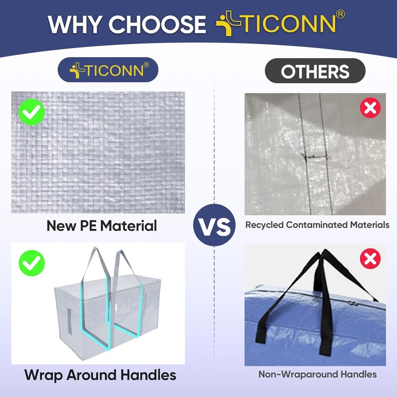 TICONN 2 Pack Extra Large Moving Bags Heavy Duty with Zippers & Carrying Handles, Durable Storage Bags Moving Boxes for Closet Organizers and Storage (2 Pack, Light Grey) - Image 4