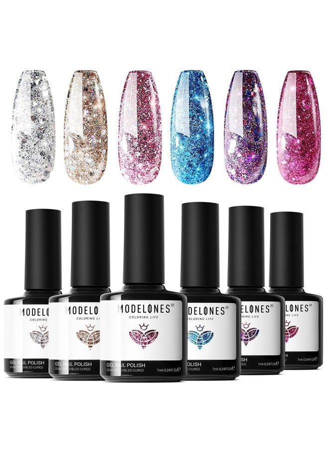modelones - Gel Nail Polish Set - 6 Colors Sparkle Glitter Gold Silver Gel Polish Nail Kit Soak Off Nail Polish for Nail Art Manicure DIY Holiday Collection for Mother's Day Gifts - Image 1