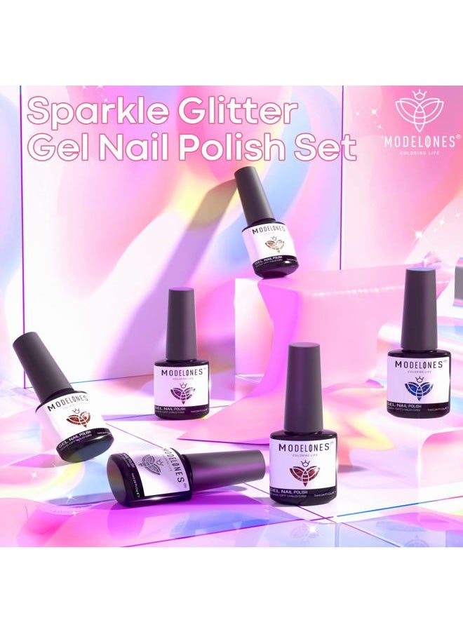 modelones - Gel Nail Polish Set - 6 Colors Sparkle Glitter Gold Silver Gel Polish Nail Kit Soak Off Nail Polish for Nail Art Manicure DIY Holiday Collection for Mother's Day Gifts - Image 1