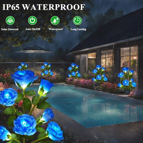 DWH 2 Pack Solar Garden Lights Outdoor, 7-Flower Rose LED Stake Light for Yard Patio Pathway Lawn Fence Cemetery, Blue - Image 4