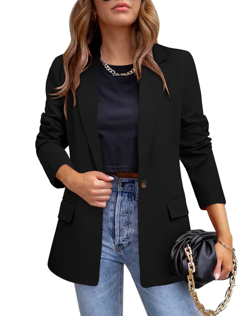 CRAZY GRID Womens Casual Blazer Long Sleeve Business Suit Jacket Open Front Button Work Office Blazer Jacket Fashion Dressy Plus Size Ladies Blazer Black Size 3X-Large - Image 1