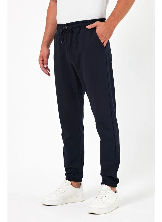 Mmetalic Thick Navy Blue Men’s Jogger Sweatpants with Back Pocket, Elastic Hem, Regular Fit, Unbrushed.