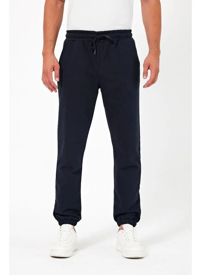 Mmetalic Thick Navy Blue Men’s Jogger Sweatpants with Back Pocket, Elastic Hem, Regular Fit, Unbrushed.