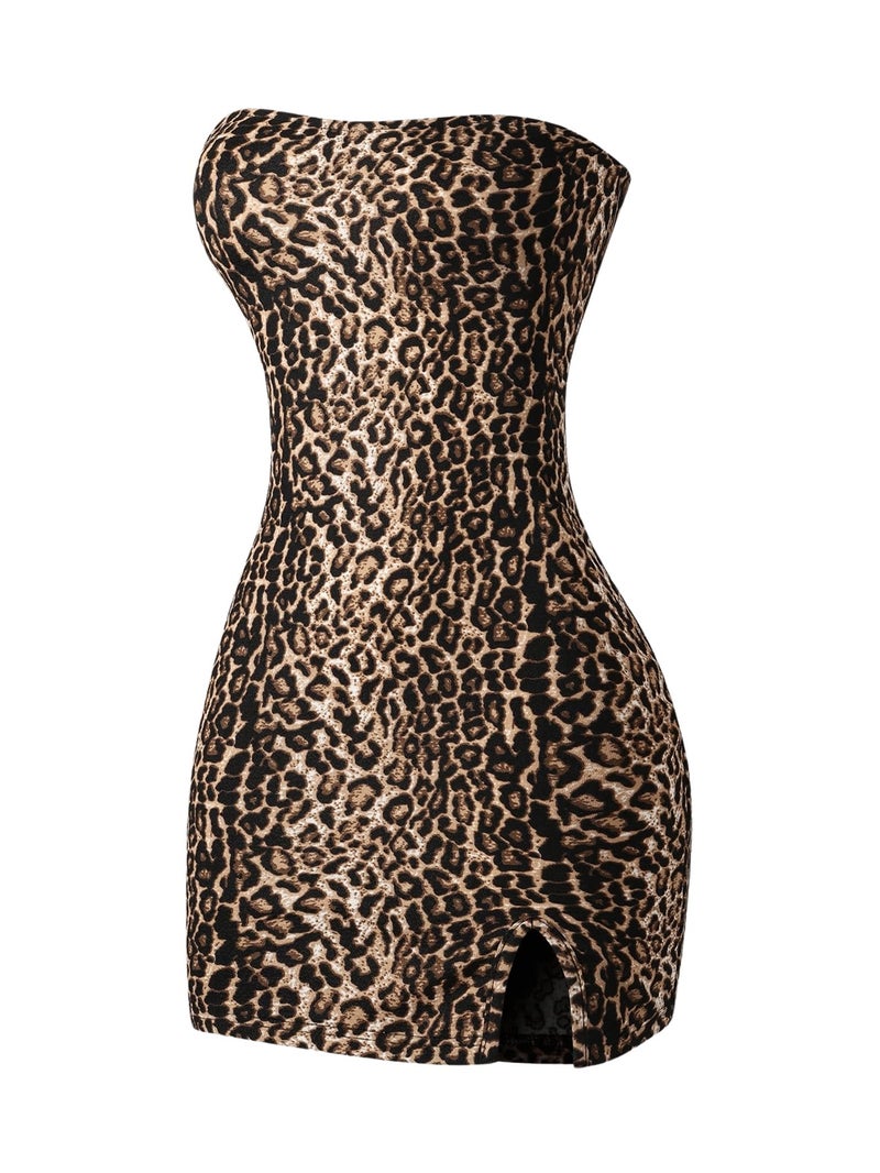 Floerns Women's Leopard Print Sleeveless Tube Top Club Dress Split Bodycon Mini Dress Brown Small - Image 1