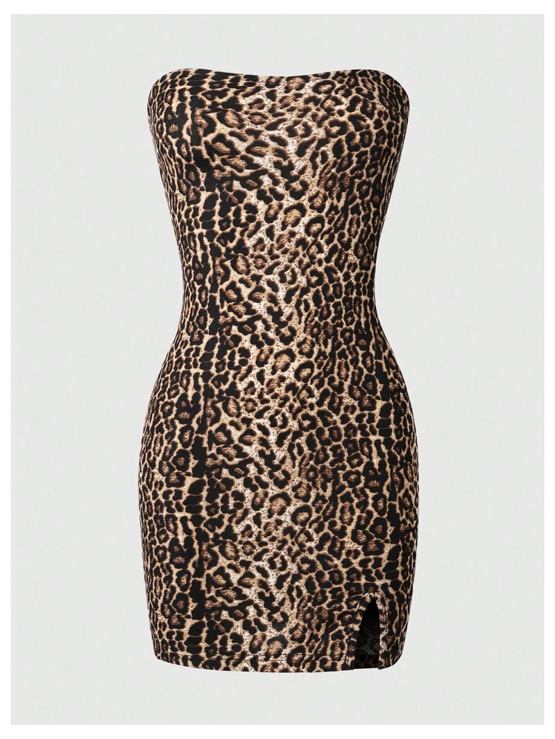 Floerns Women's Leopard Print Sleeveless Tube Top Club Dress Split Bodycon Mini Dress Brown Small - Image 3