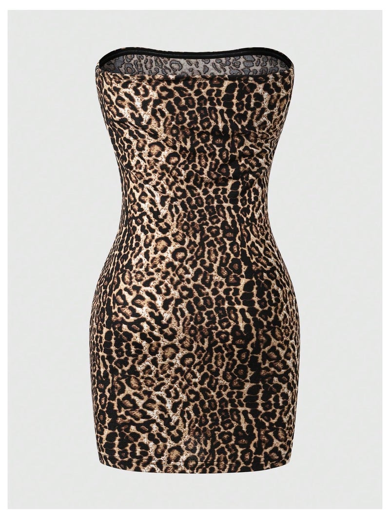 Floerns Women's Leopard Print Sleeveless Tube Top Club Dress Split Bodycon Mini Dress Brown Small - Image 2