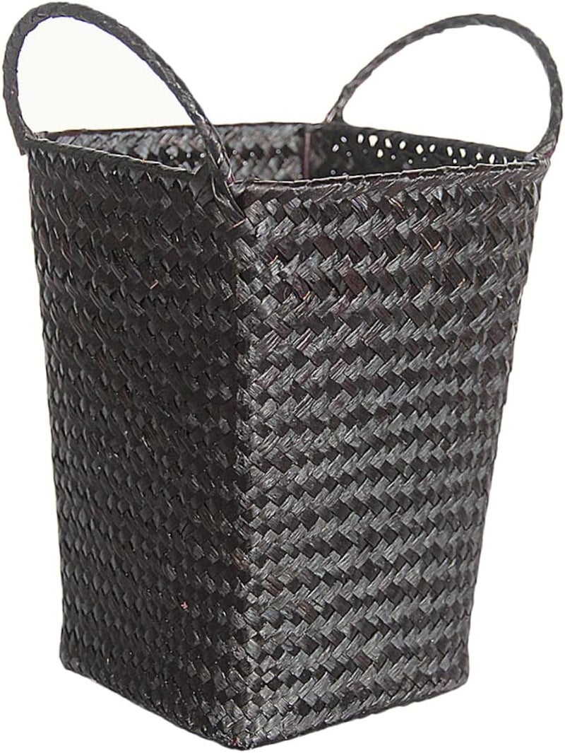 Healifty Black Small Simulated Rattan Storage Basket with Double Handles Woven Organizer for Laundry Towels and Home Decor in Bedroom Bathroom Dorm and Nursery - Image 1