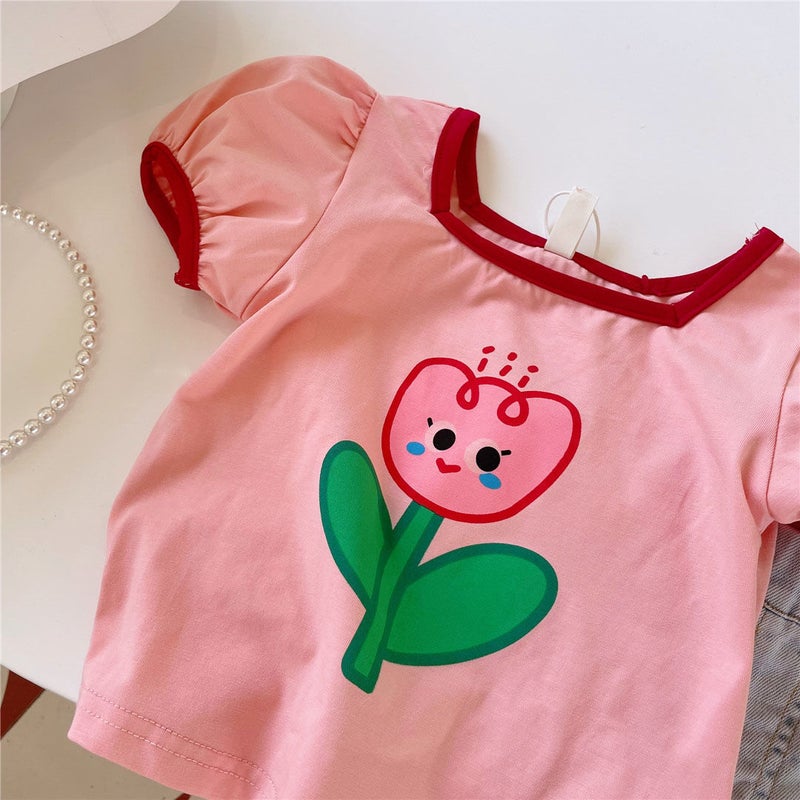Summer Kidsren'S New Korean Style Baby Girl'S Cute Flower Printed Short-Sleeved T-Shirt Sweet Top Trendy - Image 5