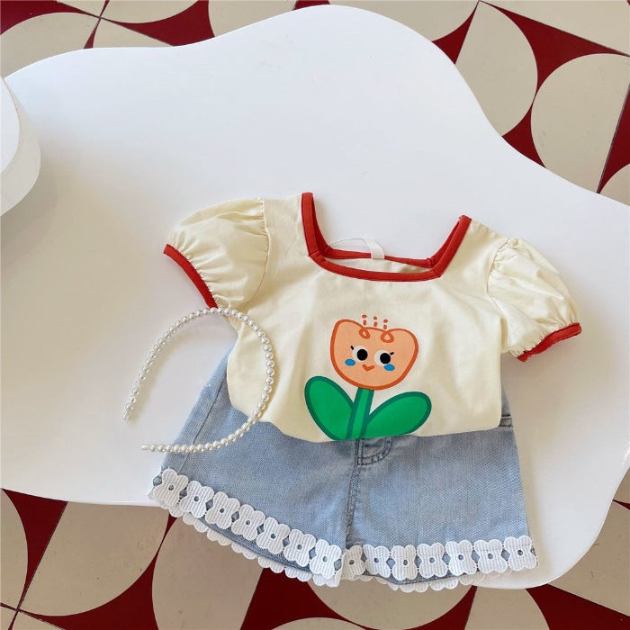 Summer Kidsren'S New Korean Style Baby Girl'S Cute Flower Printed Short-Sleeved T-Shirt Sweet Top Trendy - Image 1