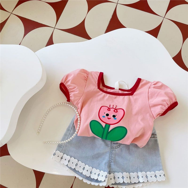 Summer Kidsren'S New Korean Style Baby Girl'S Cute Flower Printed Short-Sleeved T-Shirt Sweet Top Trendy - Image 3