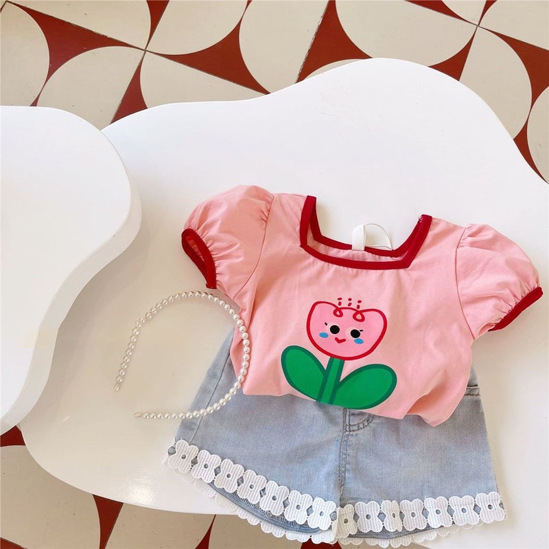 Summer Kidsren'S New Korean Style Baby Girl'S Cute Flower Printed Short-Sleeved T-Shirt Sweet Top Trendy - Image 4
