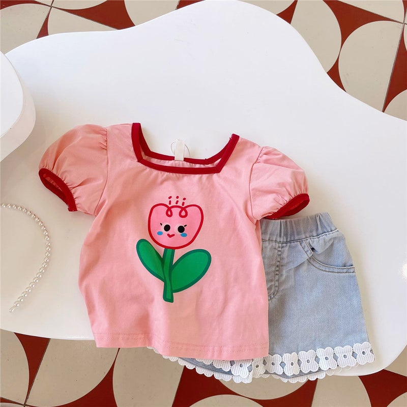 Summer Kidsren'S New Korean Style Baby Girl'S Cute Flower Printed Short-Sleeved T-Shirt Sweet Top Trendy - Image 2