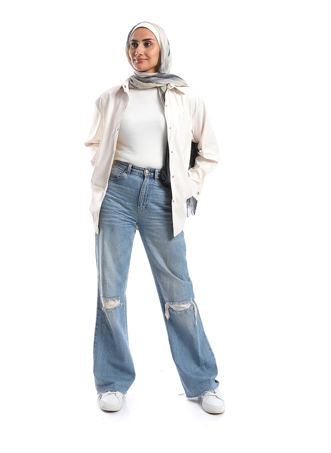 M.SOU - Press Buttons Closure Leather Shirt - Off White - Image 1