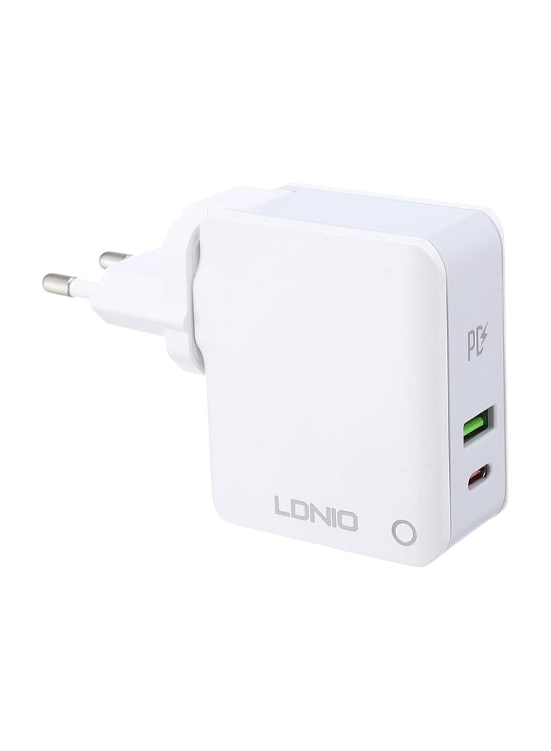 لدنيو شاحن سريع للسفر LDNIO A4403C مع كابل Lightning ومنافذ USB/Type C بقوة 30 وات - أبيض - Image 1
