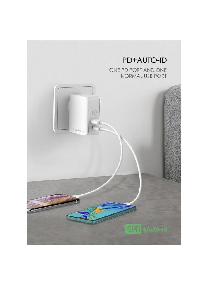 لدنيو شاحن سريع للسفر LDNIO A4403C مع كابل Lightning ومنافذ USB/Type C بقوة 30 وات - أبيض - Image 3