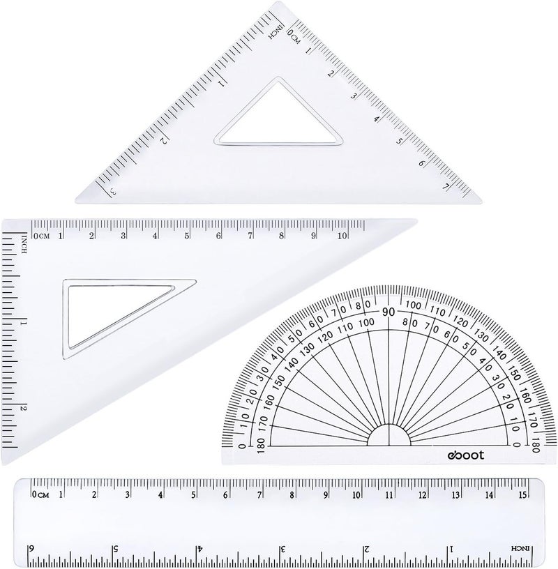 eBoot eBoot 4 Pieces Math Geometry Tool Plastic Clear Ruler Sets Protractor Triangle  - Image 1