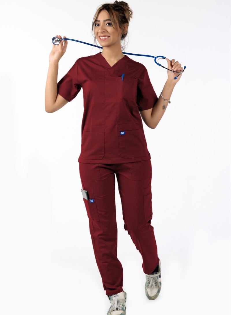 RZ RZ1 Women's Medical Scrub in Burgundy, Comfortable and soft Lycra and Polyester Blend, 2-Piece Set, Ideal for Medical Environments.  - Image 1
