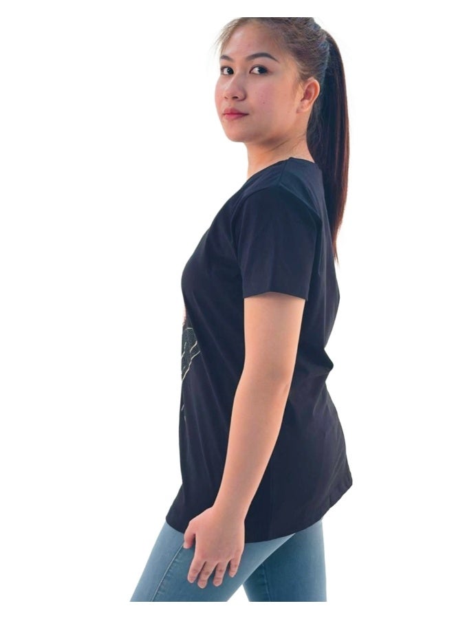 JOANNA JOANNA W203008 Women's Lady Wearing High Heels Design Round Neck Short Sleeve T-Shirt - Black  - Image 2
